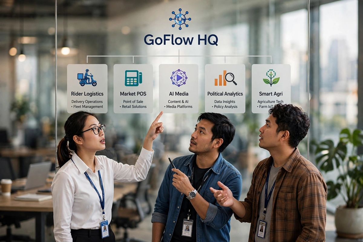 GoFlow HQ แดชบอร์ด 5 บริการ: Rider Logistics, Market POS, AI Media